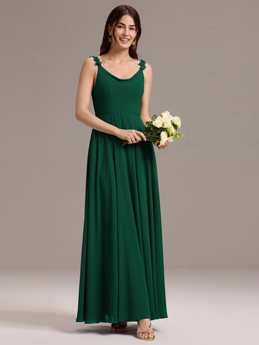 Flowy Chiffon Cowl Neck Backless A-Line Floral Strap Bridesmaids Dress #color_Dark Green