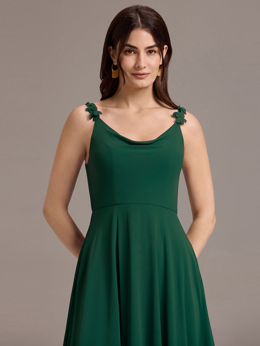Flowy Chiffon Cowl Neck Backless A-Line Floral Strap Bridesmaids Dress #color_Dark Green