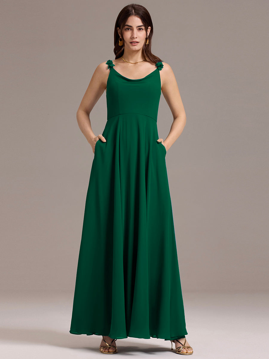 Flowy Chiffon Cowl Neck Backless A-Line Floral Strap Bridesmaids Dress #color_Dark Green