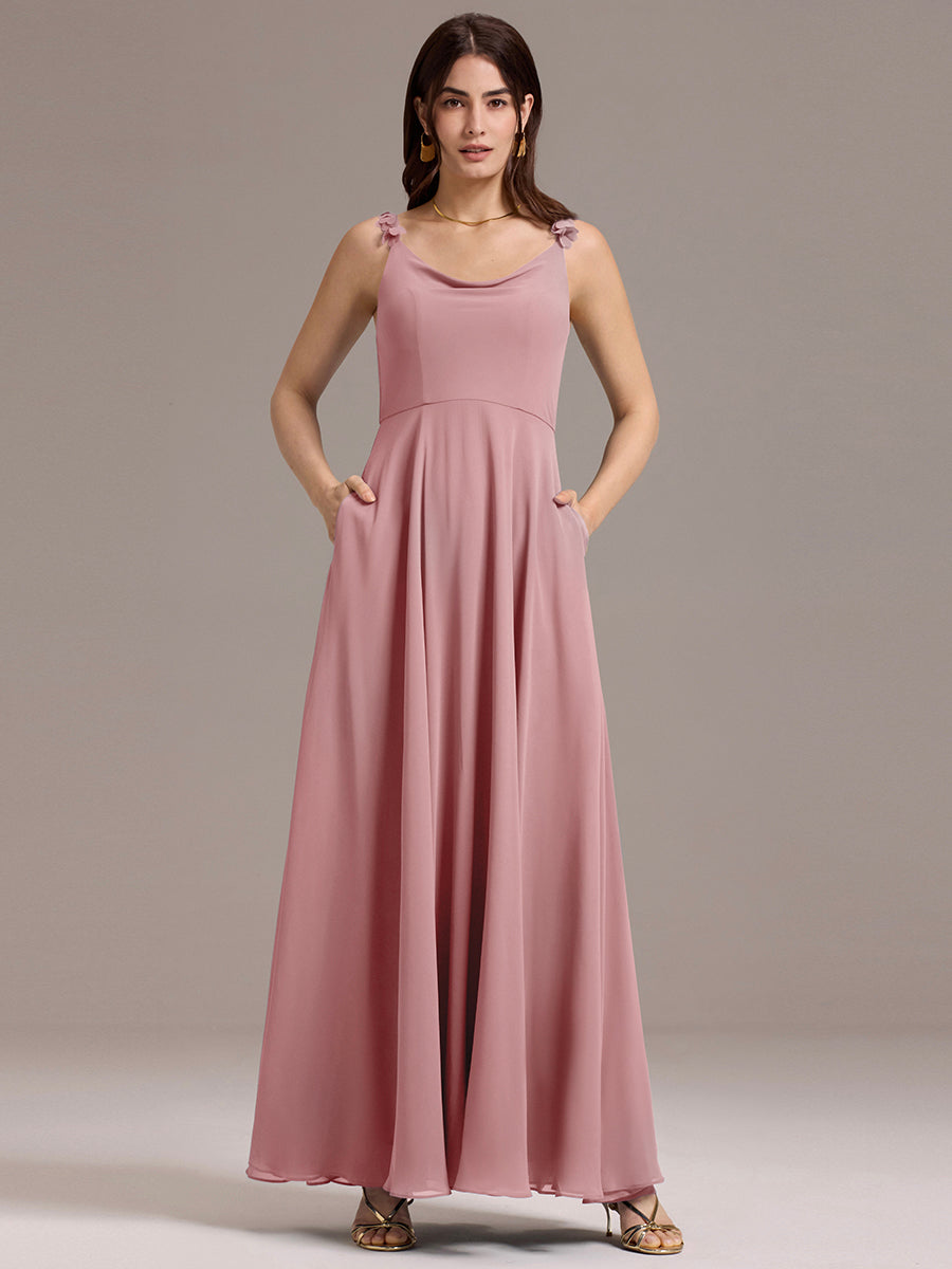 Flowy Chiffon Cowl Neck Backless A-Line Floral Strap Bridesmaids Dress #color_Dusty Rose