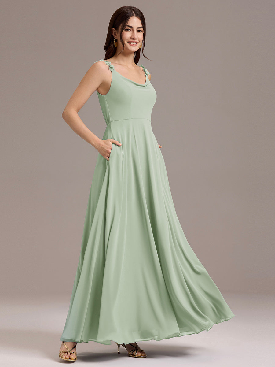 Flowy Chiffon Cowl Neck Backless A-Line Floral Strap Bridesmaids Dress #color_Mint Green