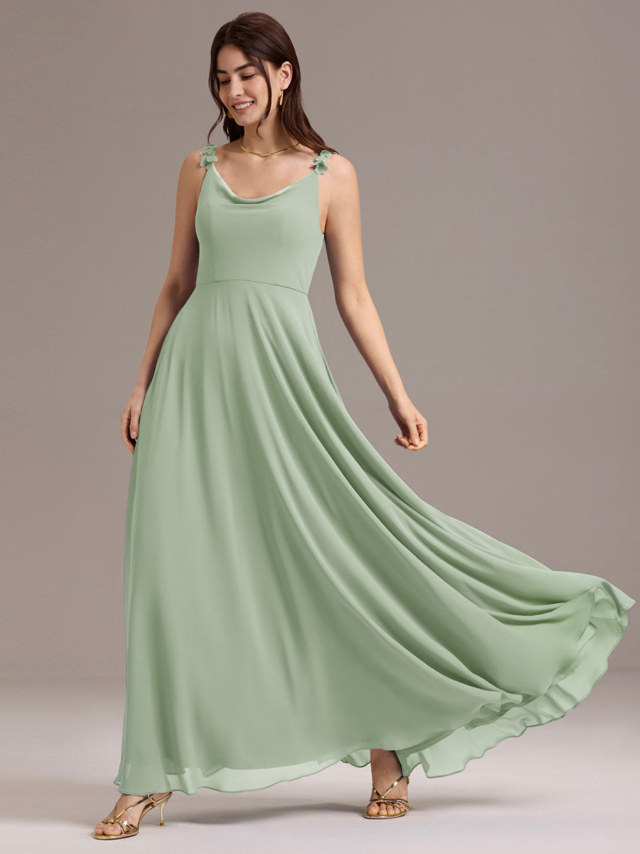 Flowy Chiffon Cowl Neck Backless A-Line Floral Strap Bridesmaids Dress #color_Mint Green