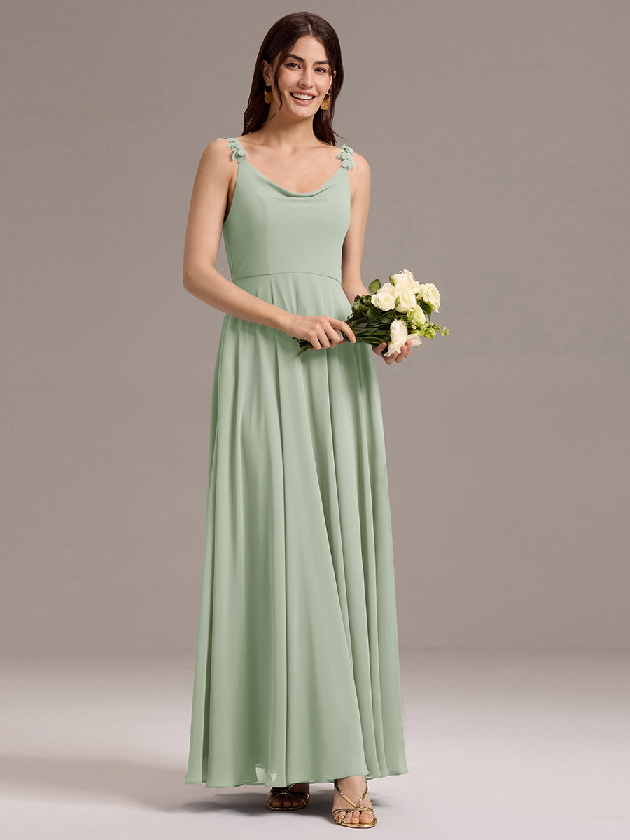 Flowy Chiffon Cowl Neck Backless A-Line Floral Strap Bridesmaids Dress #color_Mint Green