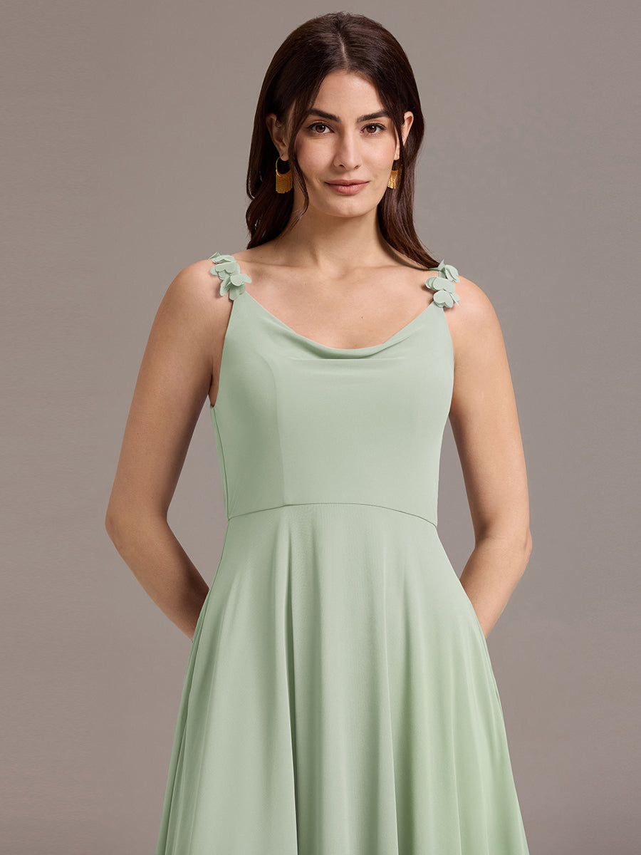 Flowy Chiffon Cowl Neck Backless A-Line Floral Strap Bridesmaids Dress #color_Mint Green