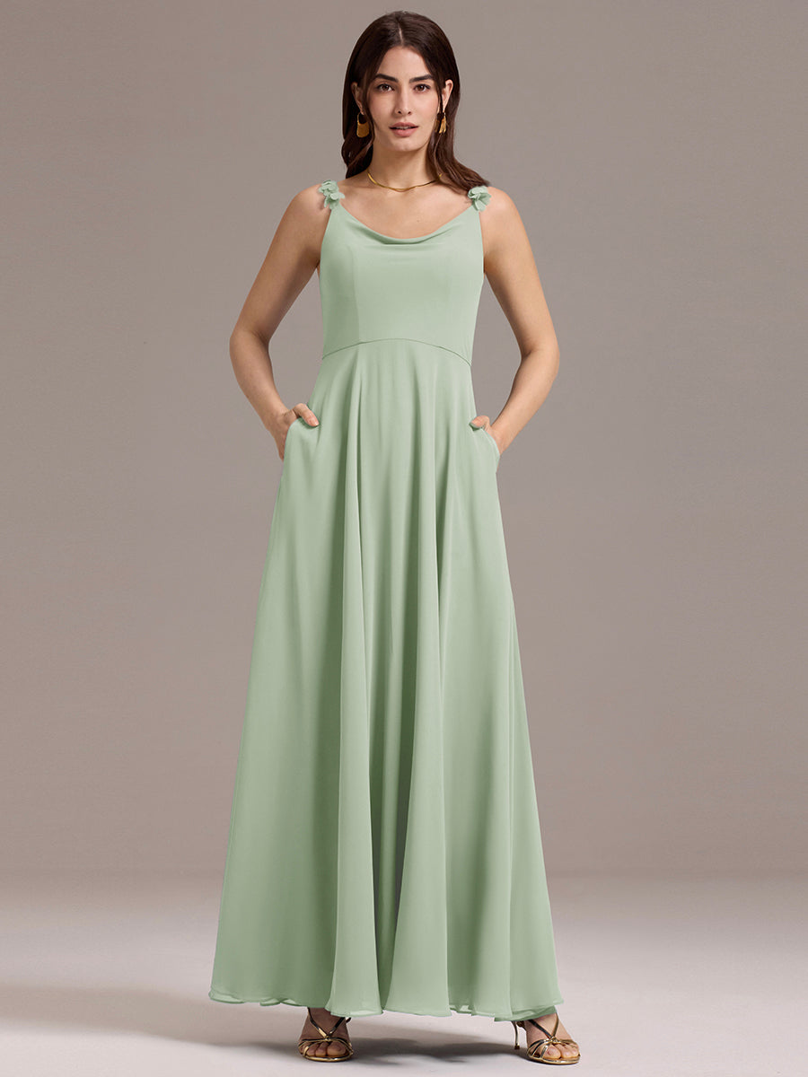 Flowy Chiffon Cowl Neck Backless A-Line Floral Strap Bridesmaids Dress #color_Mint Green