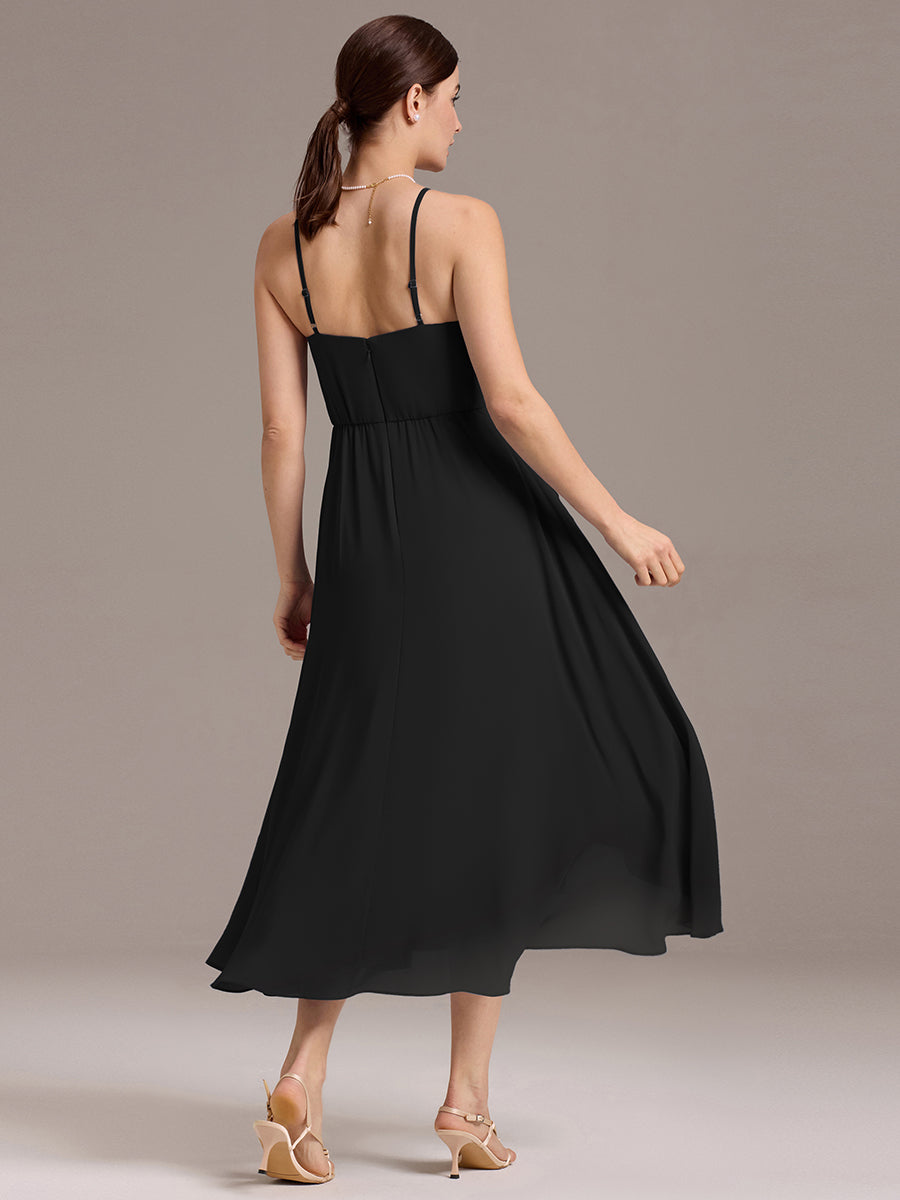 Color=Black | Custom Solutions Sleeveless Cowl Neck High-Low A-Line Non-Stretch Bridesmaid Dresses-Black 7