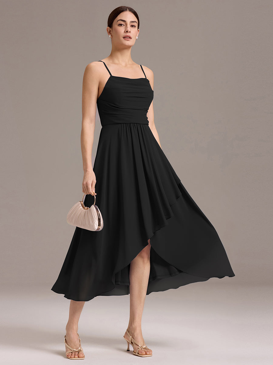 Color=Black | Custom Solutions Sleeveless Cowl Neck High-Low A-Line Non-Stretch Bridesmaid Dresses-Black 9