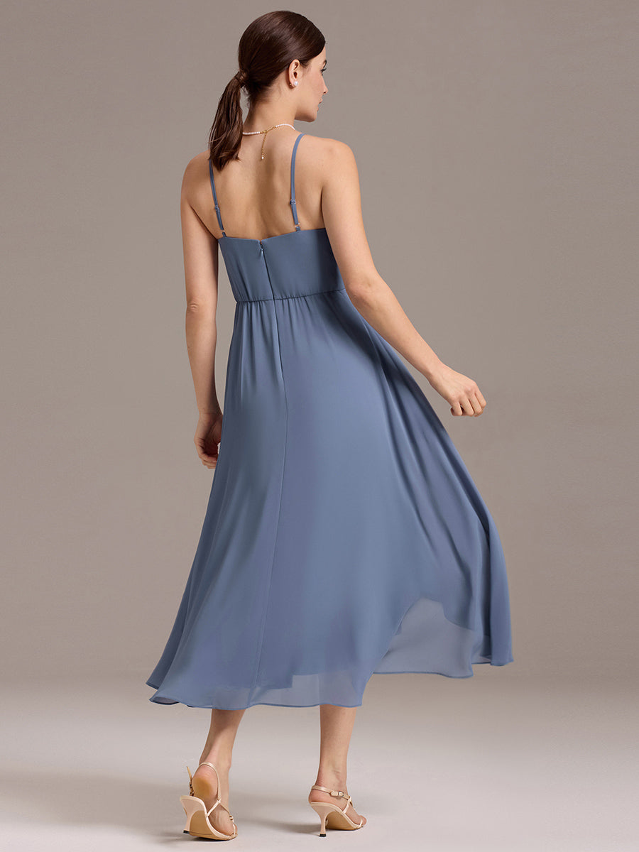 Color=Dusty Blue | Custom Solutions Sleeveless Cowl Neck High-Low A-Line Non-Stretch Bridesmaid Dresses-Dusty Blue 2