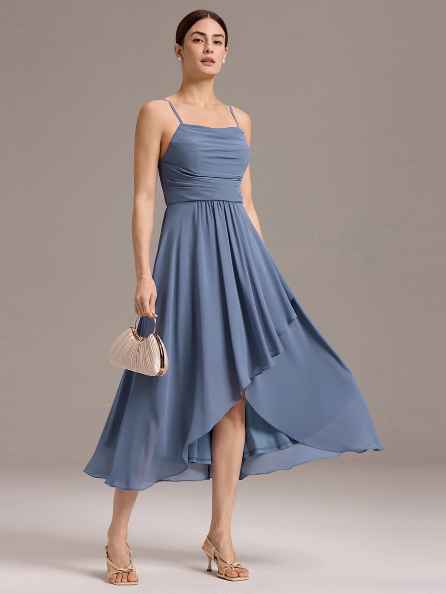 Color=Dusty Blue | Custom Solutions Sleeveless Cowl Neck High-Low A-Line Non-Stretch Bridesmaid Dresses-Dusty Blue 4