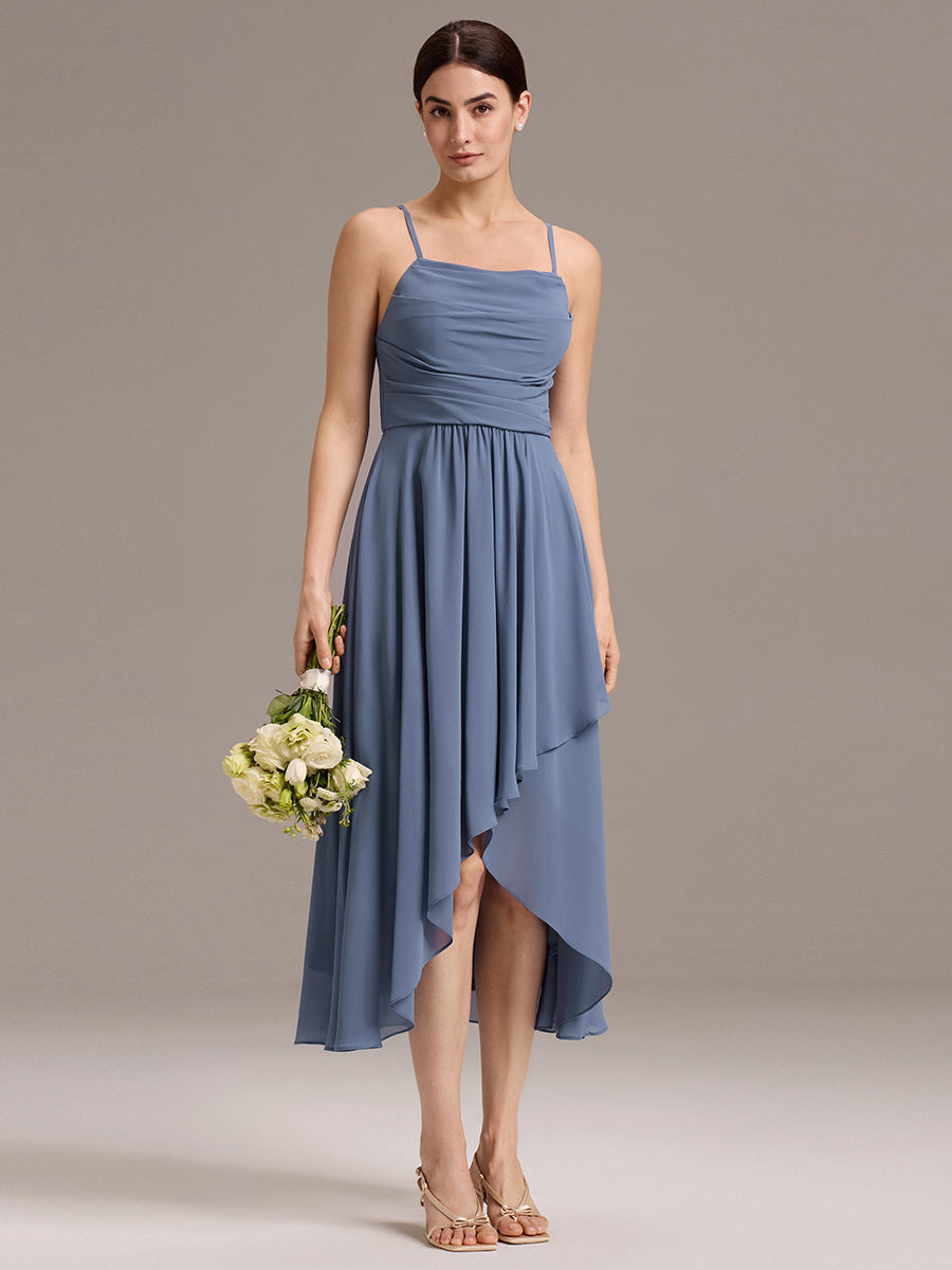 Color=Dusty Blue | Custom Solutions Sleeveless Cowl Neck High-Low A-Line Non-Stretch Bridesmaid Dresses-Dusty Blue 5