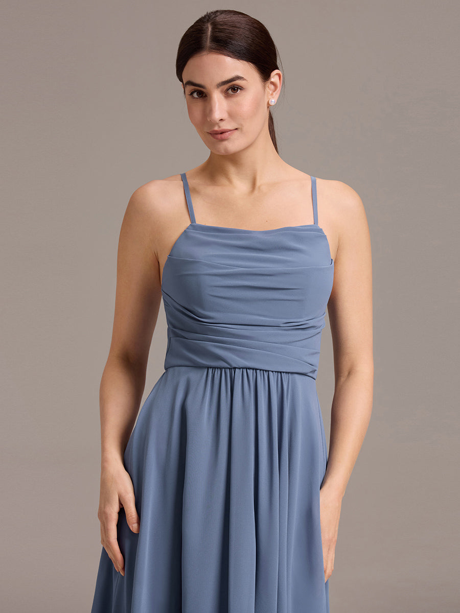 Color=Dusty Blue | Custom Solutions Sleeveless Cowl Neck High-Low A-Line Non-Stretch Bridesmaid Dresses-Dusty Blue 3