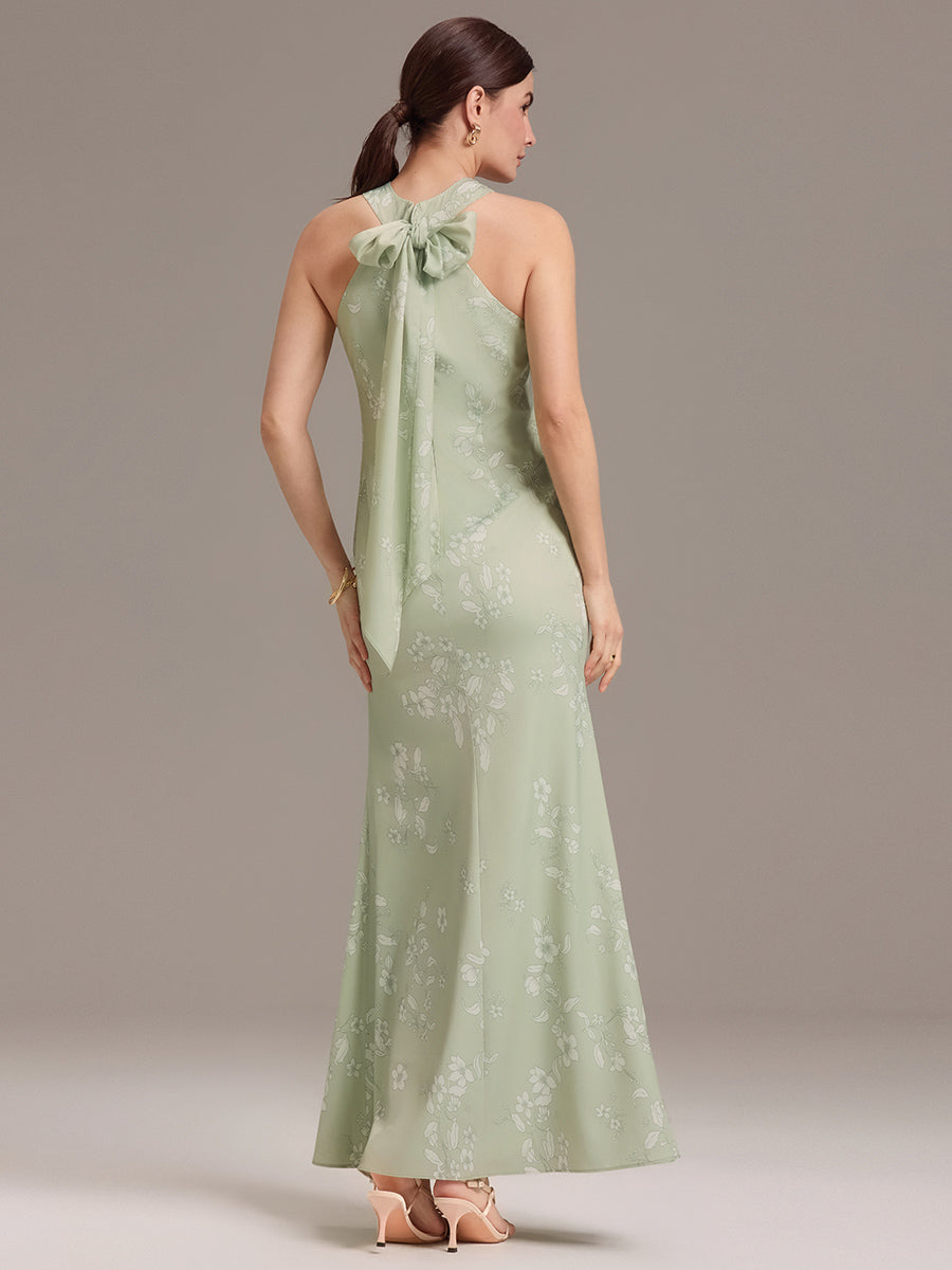 Elegant Cross Halter Neck Floral Satin Bridesmaid Dress with Bow Back #color_Vintage Primrose Celadon