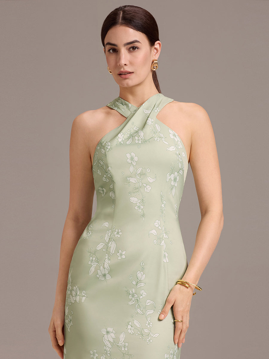 Elegant Cross Halter Neck Floral Satin Bridesmaid Dress with Bow Back #color_Vintage Primrose Celadon