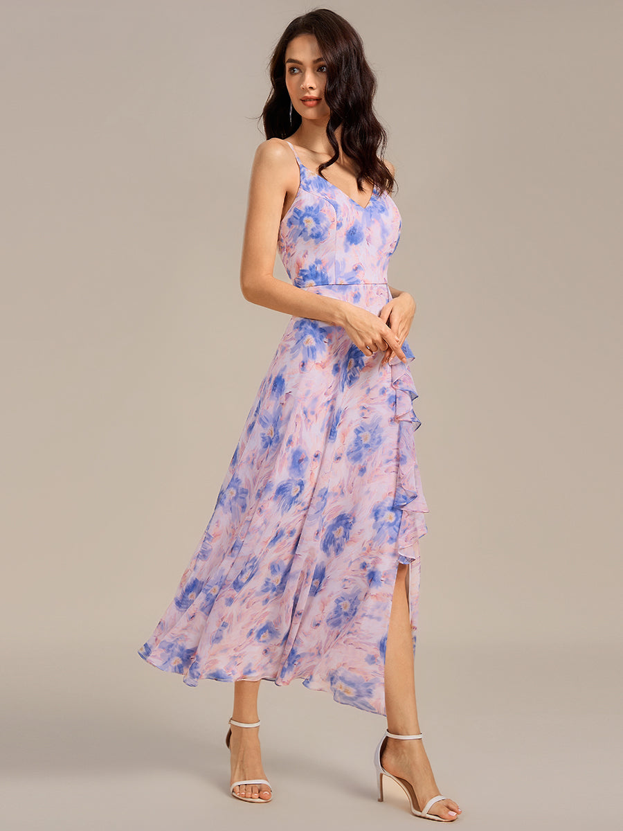 Ruffled Floral V-Neck A-line Maxi Side split Bridesmaid Dress #color_Azure Bream