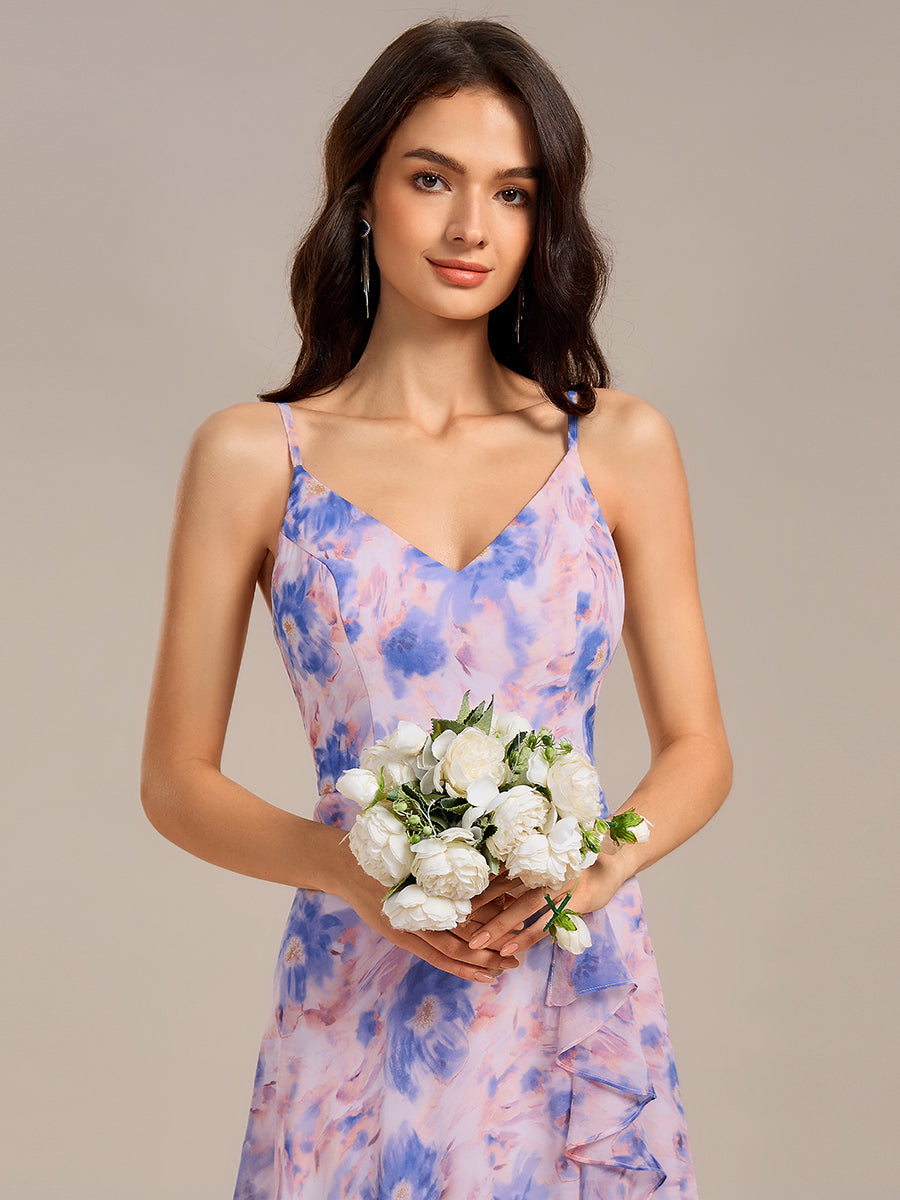 Ruffled Floral V-Neck A-line Maxi Side split Bridesmaid Dress #color_Azure Bream