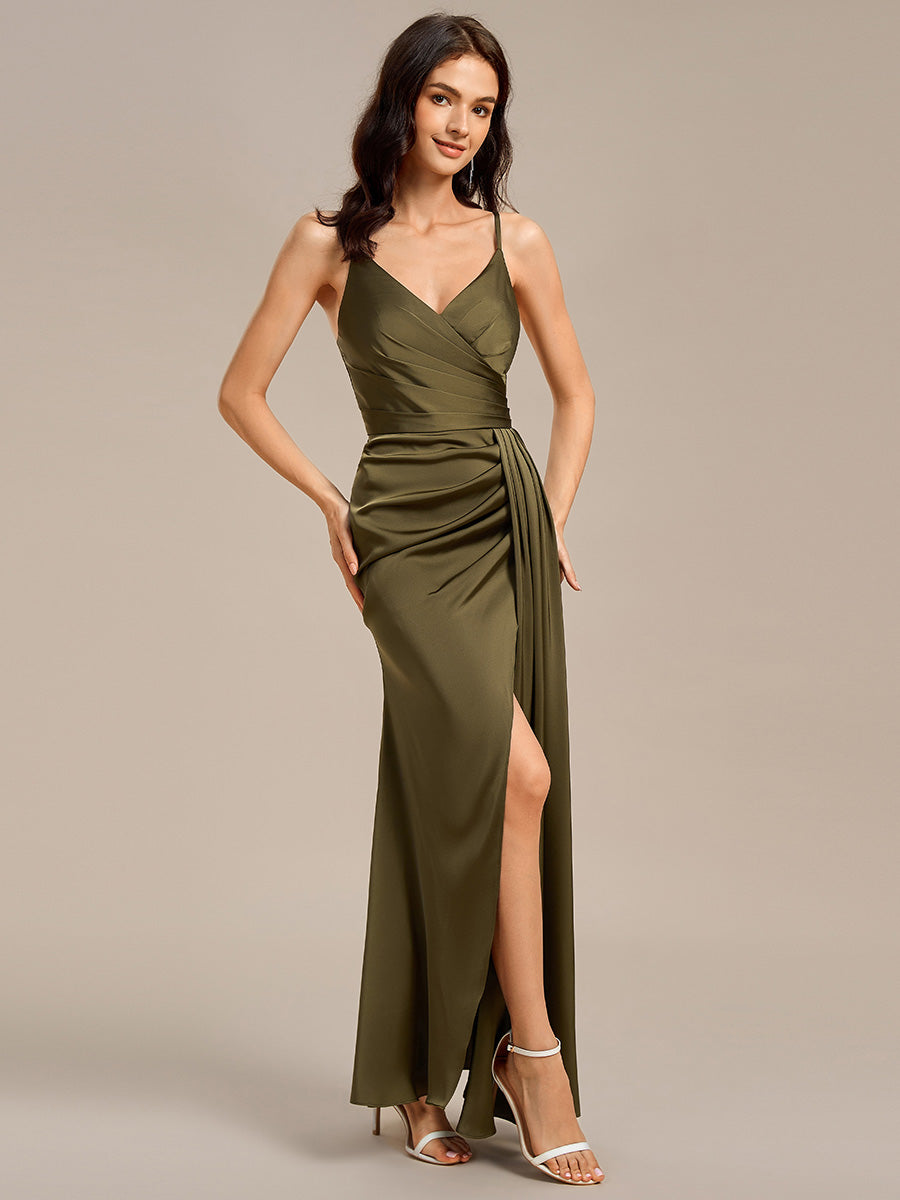 Color=Olive Green | Custom Solutions Short Sleeve V-Neck Backless Mermaid Midi Bridesmaid Dresses-Olive Green 1