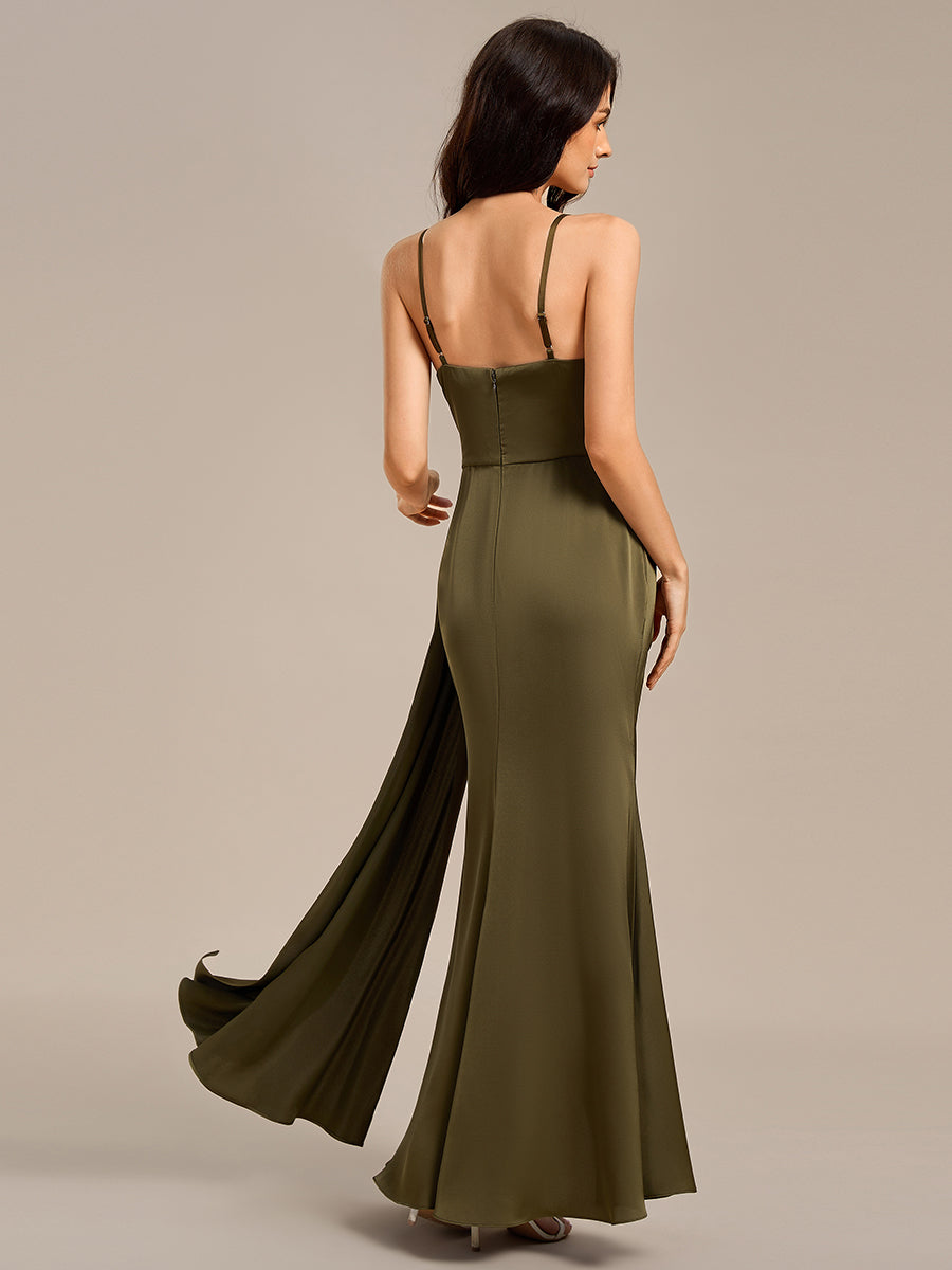 Color=Olive Green | Custom Solutions Short Sleeve V-Neck Backless Mermaid Midi Bridesmaid Dresses-Olive Green 2
