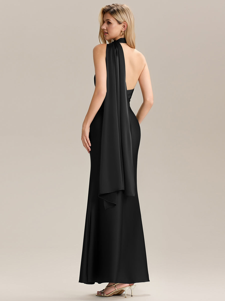 Color=Black | Custom Made Short Sleeves V-Neck Backless Fishtail Floor Length Bridesmaid Dresses-Black 2