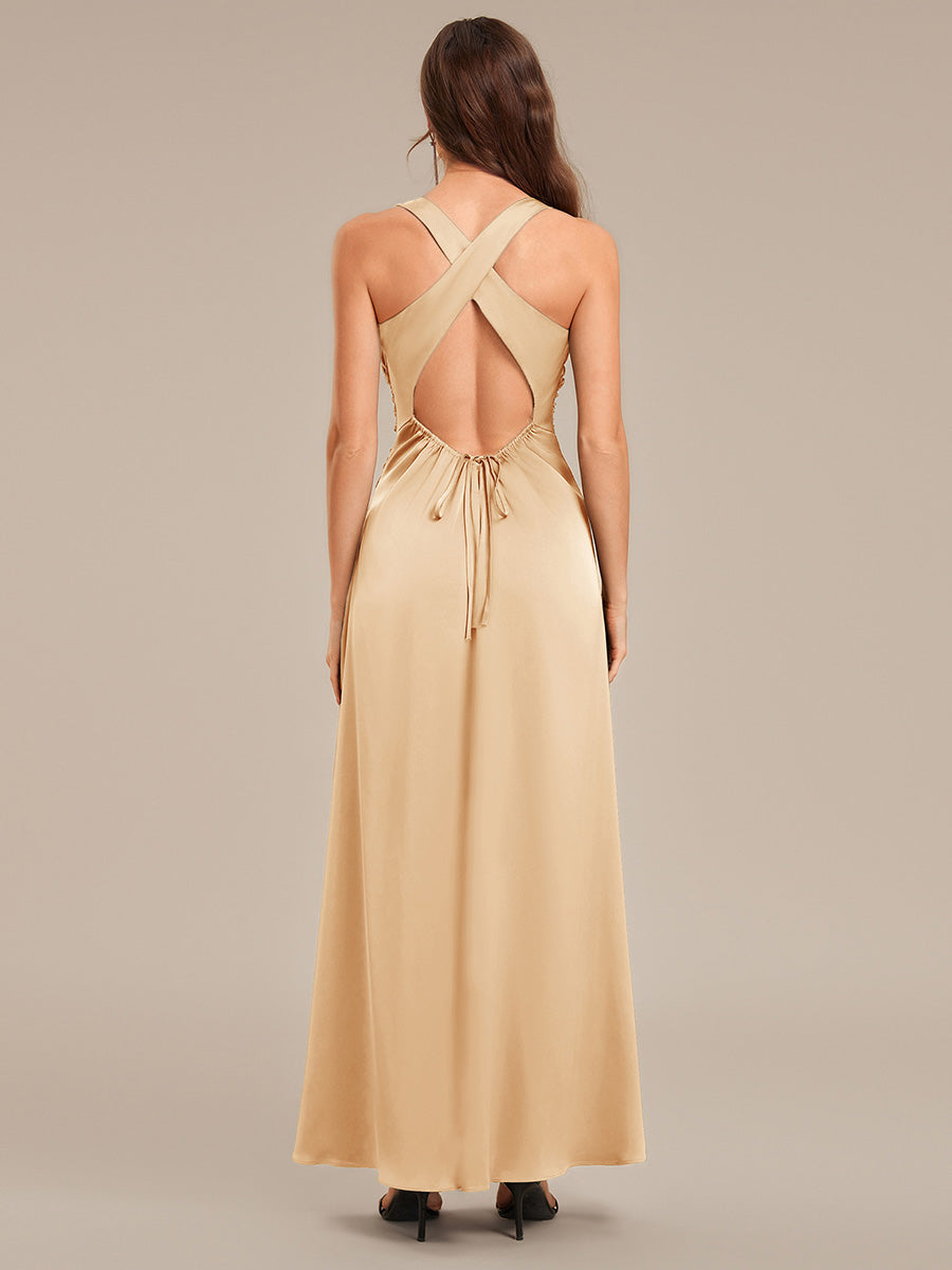Color=Champagne | Custom Solutions Sleeveless Halter Neck Backless A-Line Floor Length Bridesmaid Dresses-Champagne 2