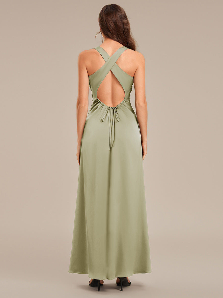 Color=Sage Green | Custom Solutions Sleeveless Halter Neck Backless A-Line Floor Length Bridesmaid Dresses-Sage Green 12