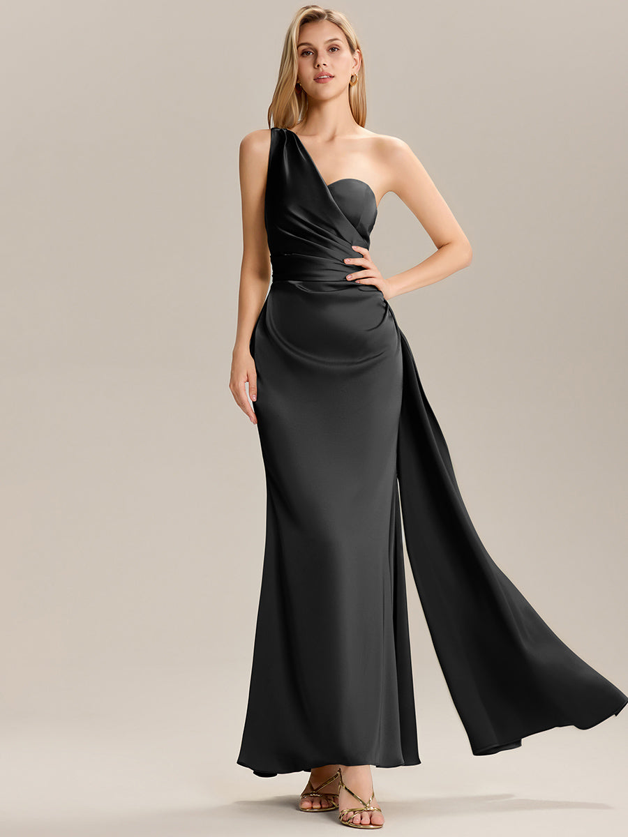 Color=Black | Custom Solutions Sleeveless Asymmetrical Fishtail Non-Stretch Floor Length Bridesmaid Dresses-Black 1