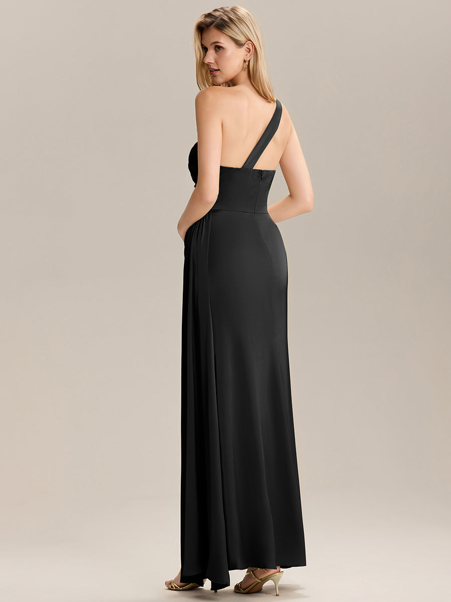 Color=Black | Custom Solutions Sleeveless Asymmetrical Fishtail Non-Stretch Floor Length Bridesmaid Dresses-Black 2