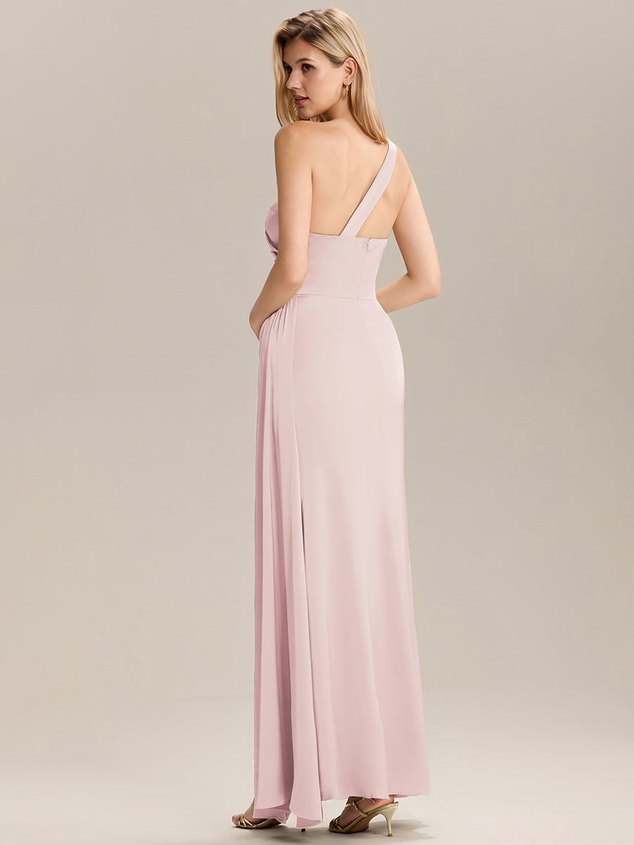 Color=Pink | Custom Solutions Sleeveless Asymmetrical Fishtail Non-Stretch Floor Length Bridesmaid Dresses-Pink 6