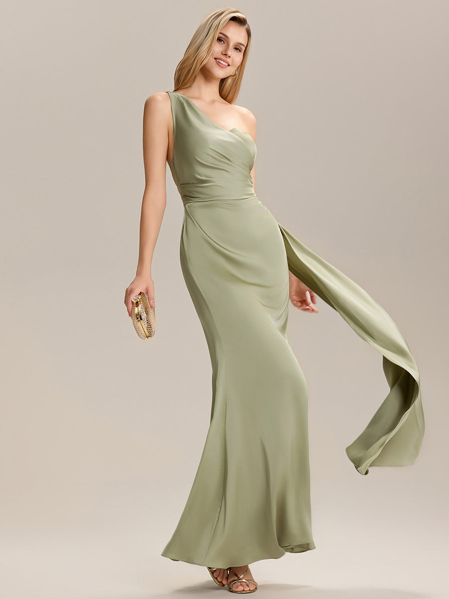 Color=Sage Green | Custom Solutions Sleeveless Asymmetrical Fishtail Non-Stretch Floor Length Bridesmaid Dresses-Sage Green 11
