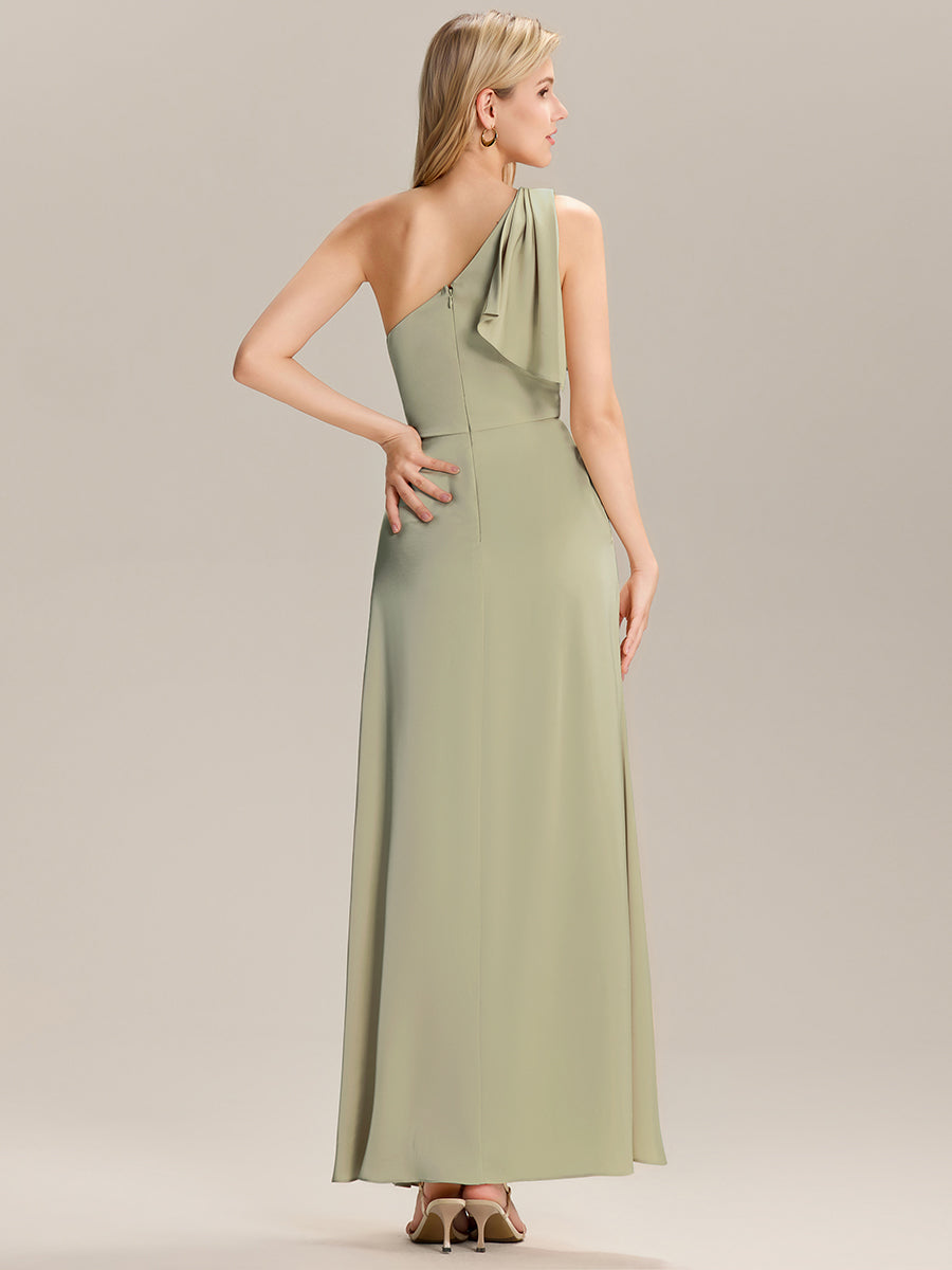 Color=Sage Green | Custom Solutions Sleeveless Asymmetrical A-Line Floor Length Dress with Thigh-High Slit, Bridesmaid Dresses-Sage Green 11