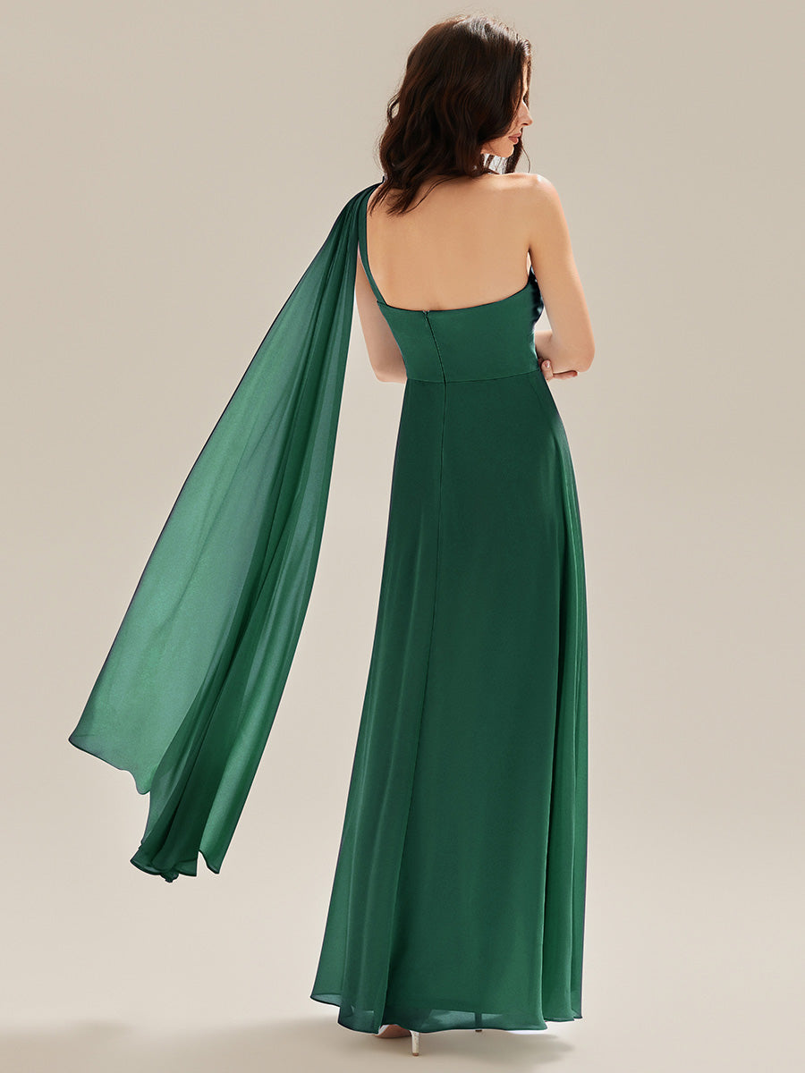 Color=Dark Green | Sleeveless One Shoulder Floral A-Line Floor Length Bridesmaid Dresses-Dark Green 5