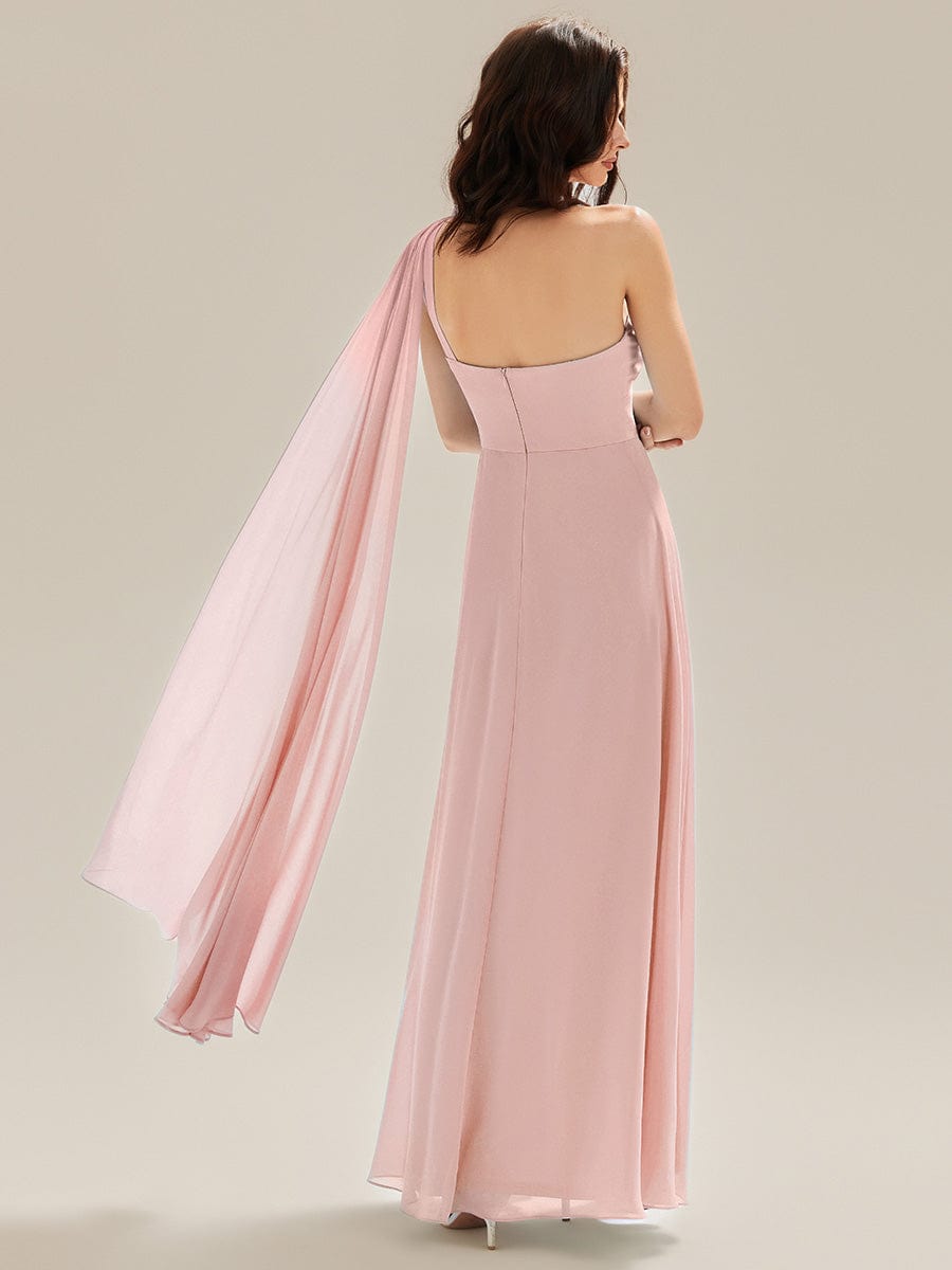 Color=Pink | Sleeveless One Shoulder Floral A-Line Floor Length Bridesmaid Dresses-Pink 13