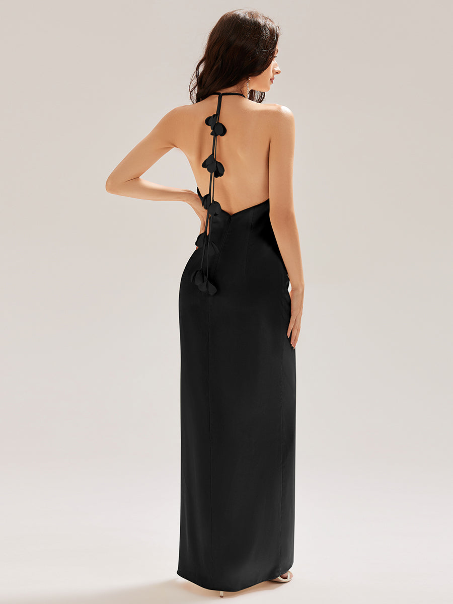 Color=Black | Custom Made Sleeveless Halter Neck Sheath Floor Length Dress with Thigh-High Slit, Bridesmaid Dresses-Black 2