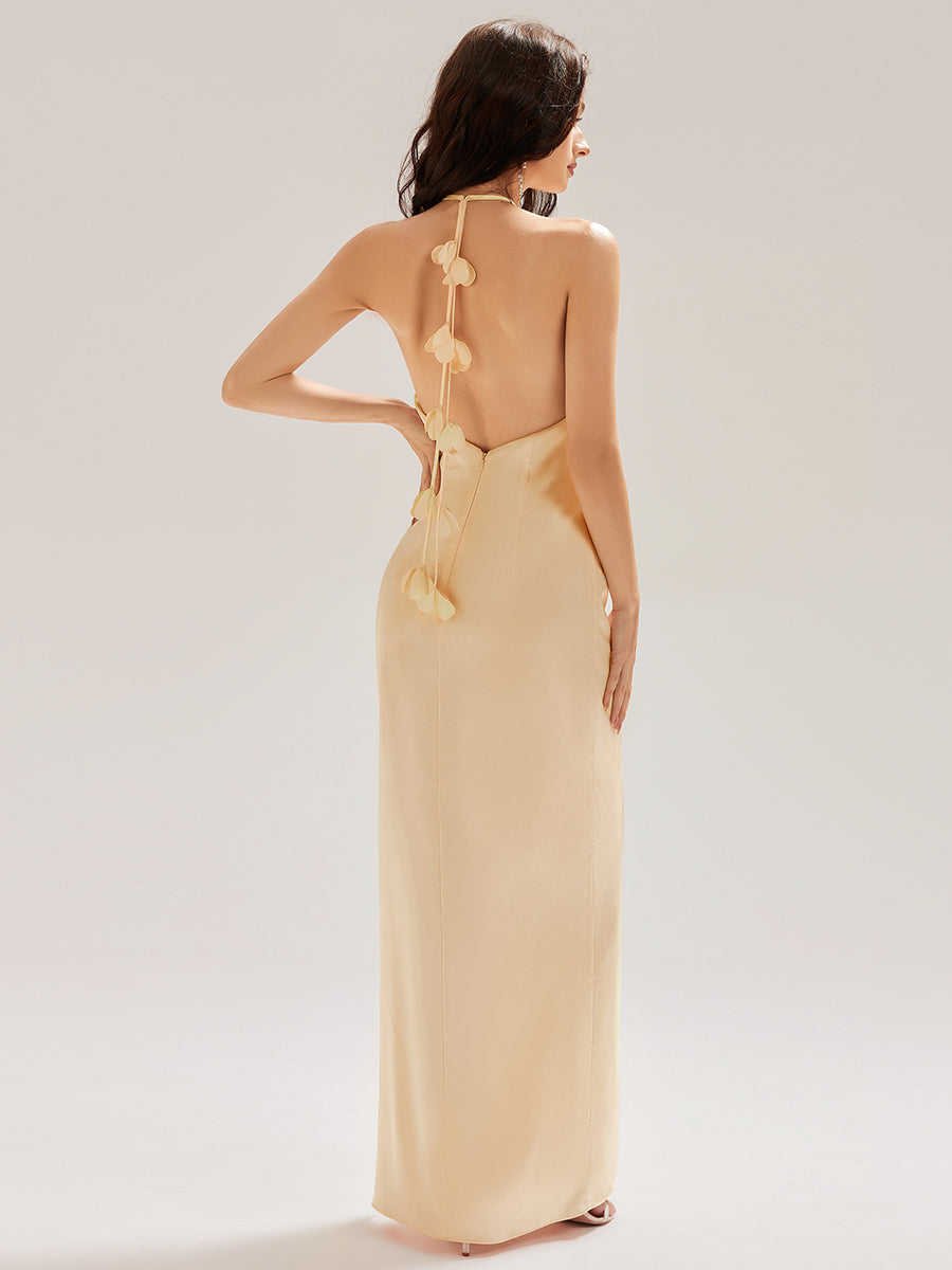 Color=Champagne | Custom Made Sleeveless Halter Neck Sheath Floor Length Dress with Thigh-High Slit, Bridesmaid Dresses-Champagne 5