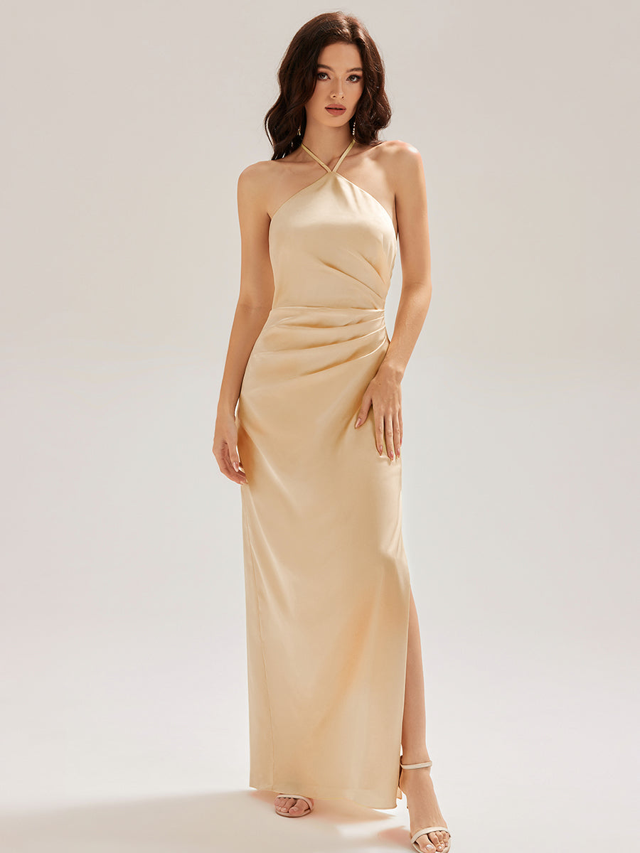 Color=Champagne | Custom Made Sleeveless Halter Neck Sheath Floor Length Dress with Thigh-High Slit, Bridesmaid Dresses-Champagne 4