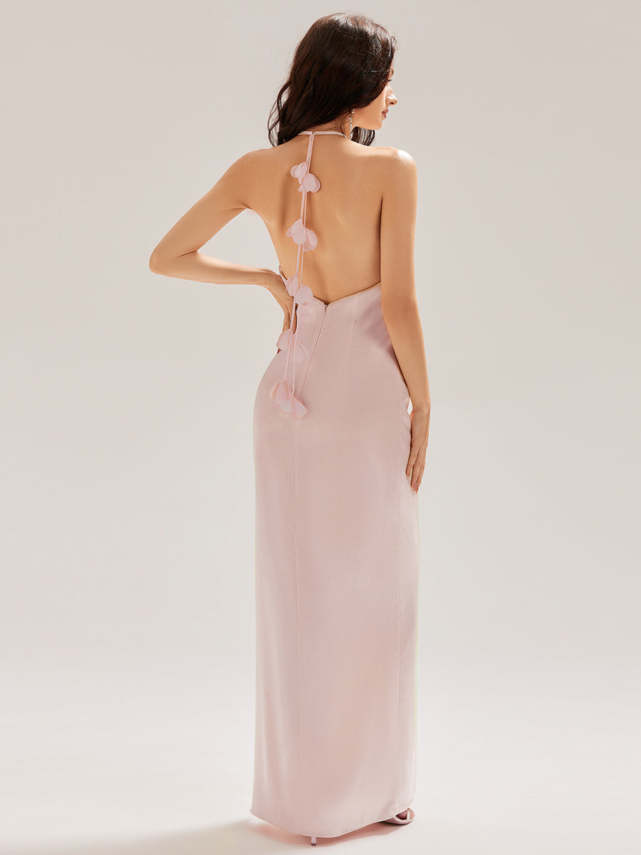 Color=Pink | Custom Made Sleeveless Halter Neck Sheath Floor Length Dress with Thigh-High Slit, Bridesmaid Dresses-Pink 8