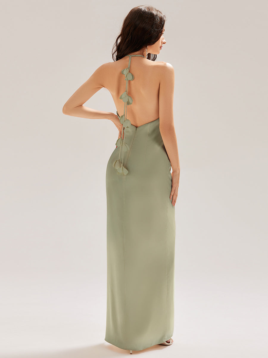 Color=Sage Green | Custom Made Sleeveless Halter Neck Sheath Floor Length Dress with Thigh-High Slit, Bridesmaid Dresses-Sage Green 11