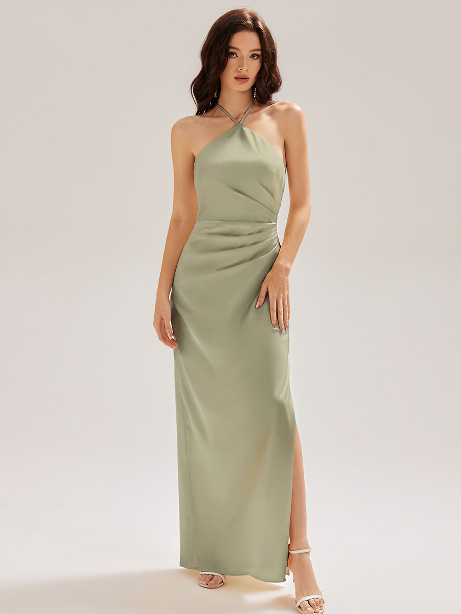 Color=Sage Green | Custom Made Sleeveless Halter Neck Sheath Floor Length Dress with Thigh-High Slit, Bridesmaid Dresses-Sage Green 10