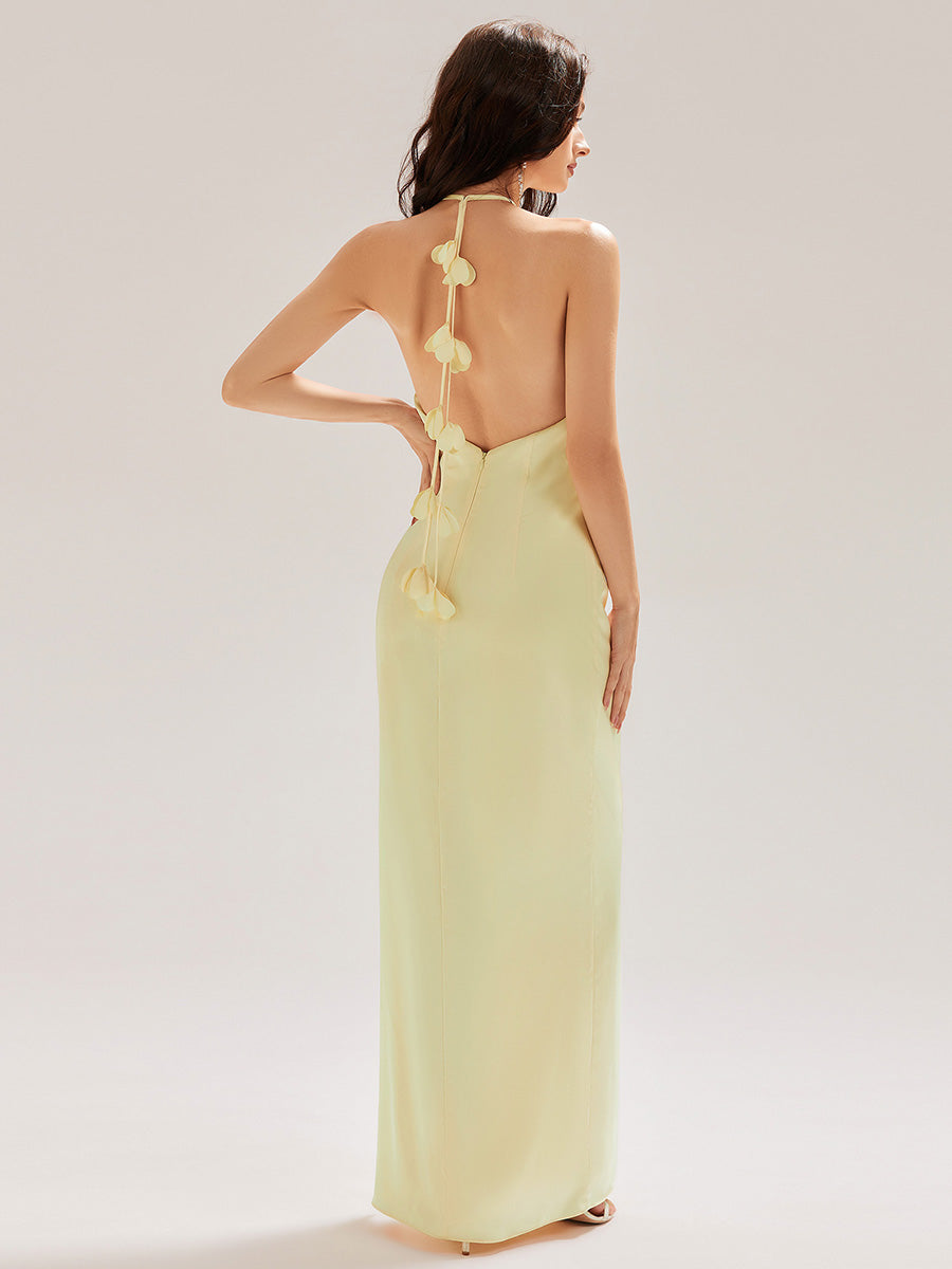 Color=Yellow | Custom Made Sleeveless Halter Neck Sheath Floor Length Dress with Thigh-High Slit, Bridesmaid Dresses-Yellow 14