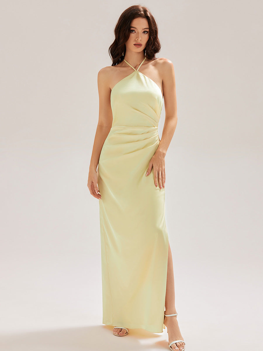 Color=Yellow | Custom Made Sleeveless Halter Neck Sheath Floor Length Dress with Thigh-High Slit, Bridesmaid Dresses-Yellow 13