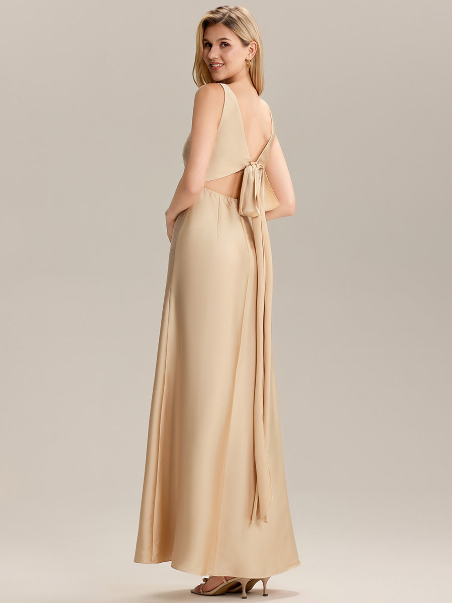 Color=Champagne | Custom Solutions Short Sleeve V-Neck Backless A-Line Floor Length Bridesmaid Dresses-Champagne 4