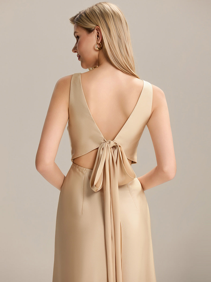 Color=Champagne | Custom Solutions Short Sleeve V-Neck Backless A-Line Floor Length Bridesmaid Dresses-Champagne 5