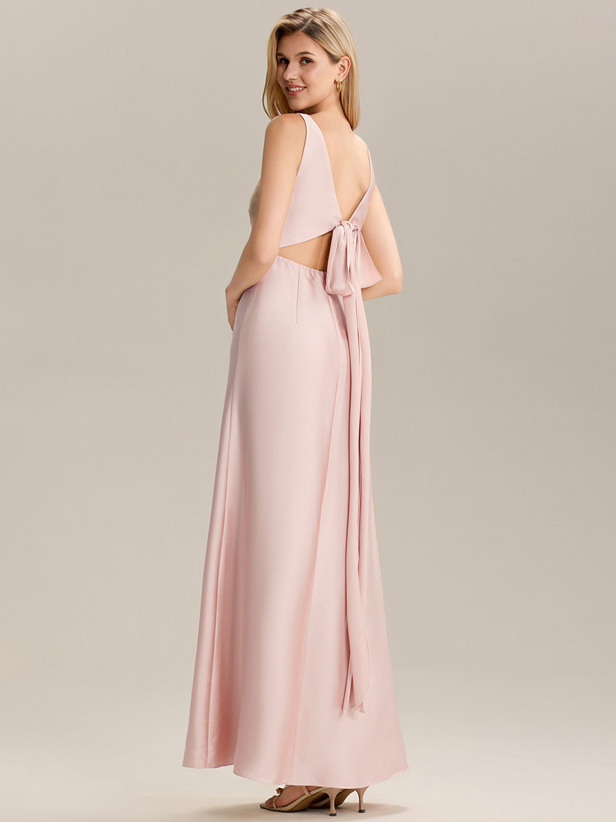 Color=Pink | Custom Solutions Short Sleeve V-Neck Backless A-Line Floor Length Bridesmaid Dresses-Pink 13