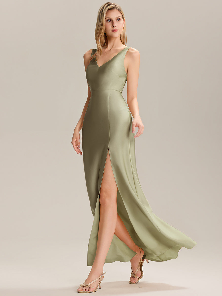 Color=Sage Green | Custom Solutions Short Sleeve V-Neck Backless A-Line Floor Length Bridesmaid Dresses-Sage Green 14