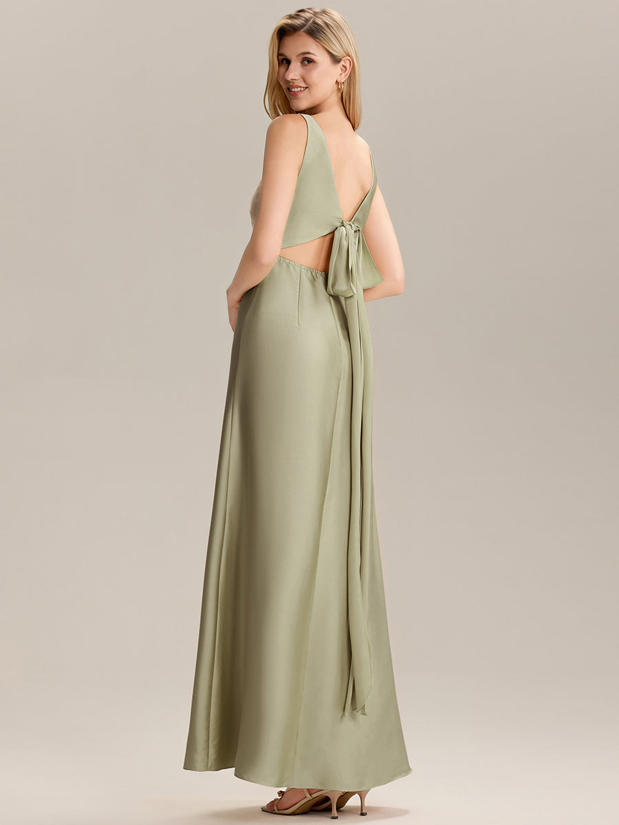 Color=Sage Green | Custom Solutions Short Sleeve V-Neck Backless A-Line Floor Length Bridesmaid Dresses-Sage Green 15