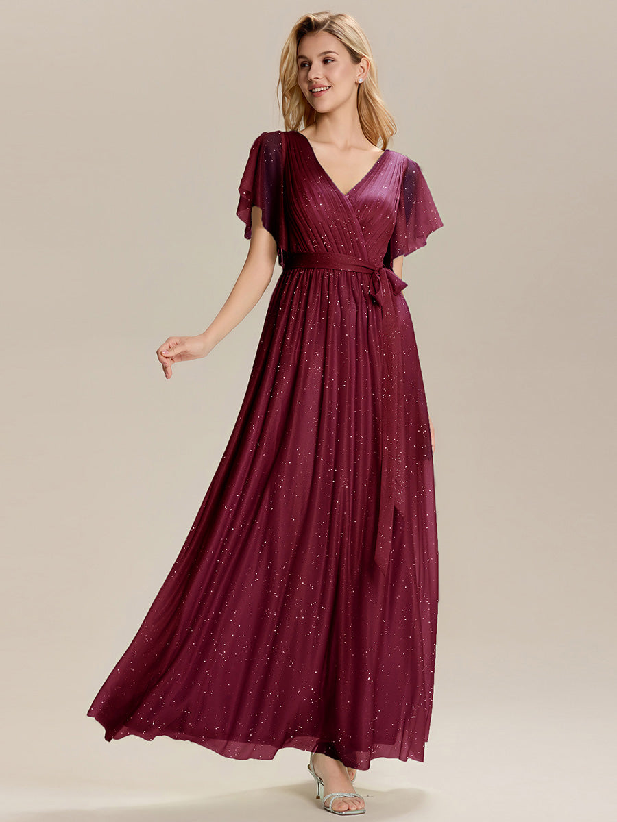 Custom Short Sleeve Ruffle Deep V-Neck A-Line Floor Length Bridesmaid Dress