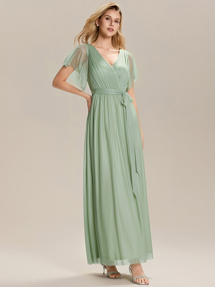 Color=Mint Green | Custom Solutions Short Sleeve Ruffle Deep V-Neck A-Line Floor Length Bridesmaid Dresses-Mint Green 11