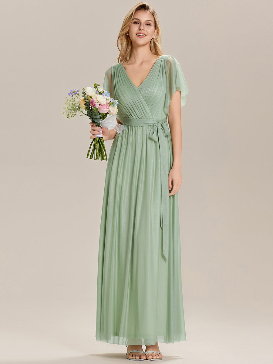 Color=Mint Green | Custom Solutions Short Sleeve Ruffle Deep V-Neck A-Line Floor Length Bridesmaid Dresses-Mint Green 12