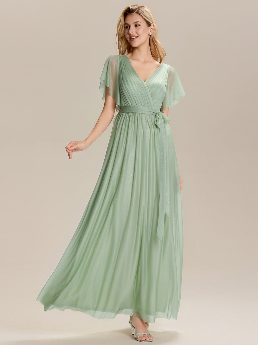 Color=Mint Green | Custom Solutions Short Sleeve Ruffle Deep V-Neck A-Line Floor Length Bridesmaid Dresses-Mint Green 8