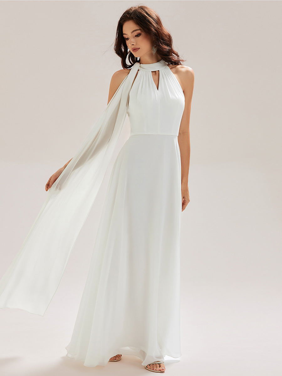 Color=White | Custom Made Sleeveless Halter Neck Cut-Out A-Line Floor Length Bridesmaid Dresses-White 4