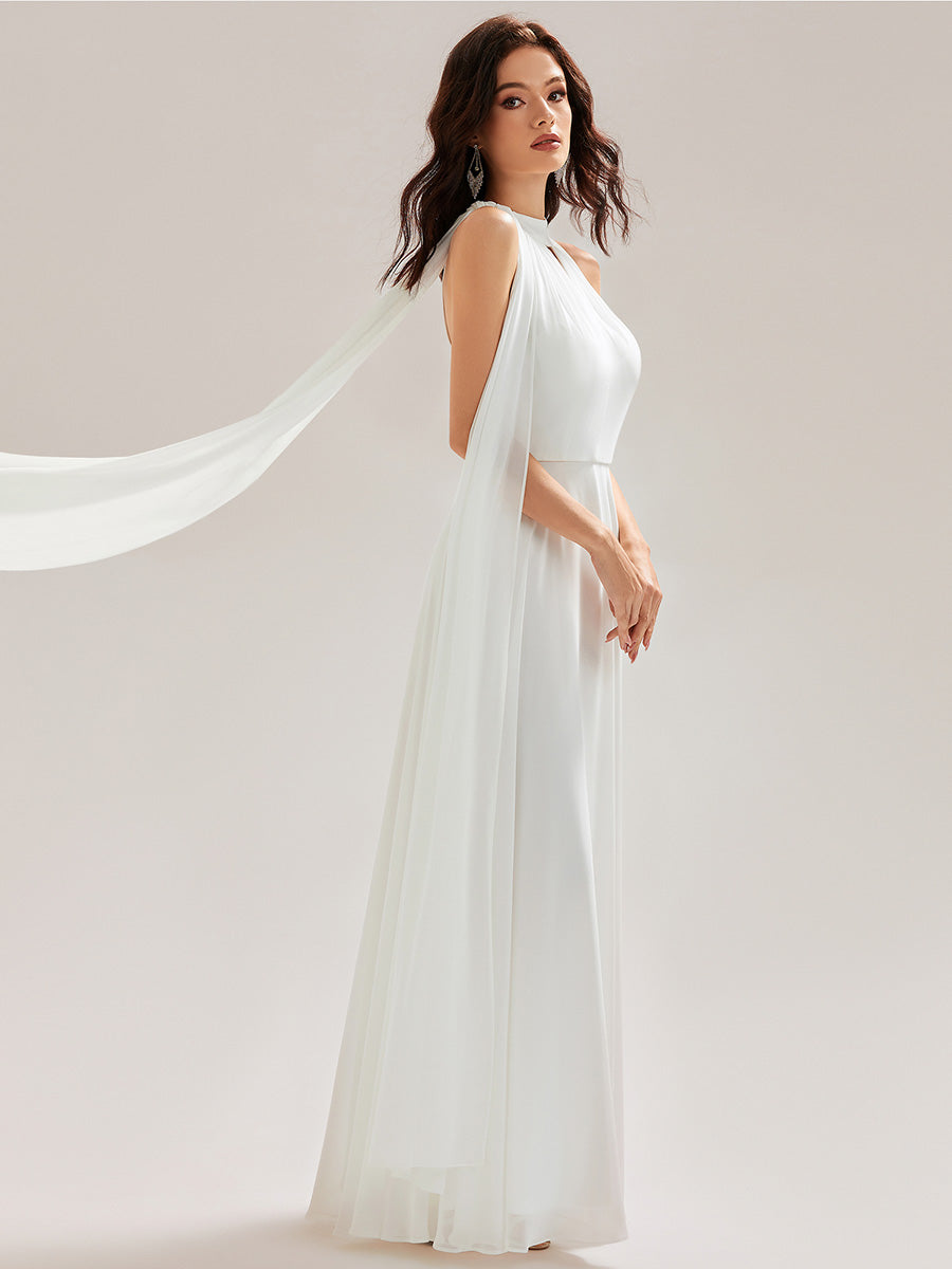 Color=White | Custom Made Sleeveless Halter Neck Cut-Out A-Line Floor Length Bridesmaid Dresses-White 5